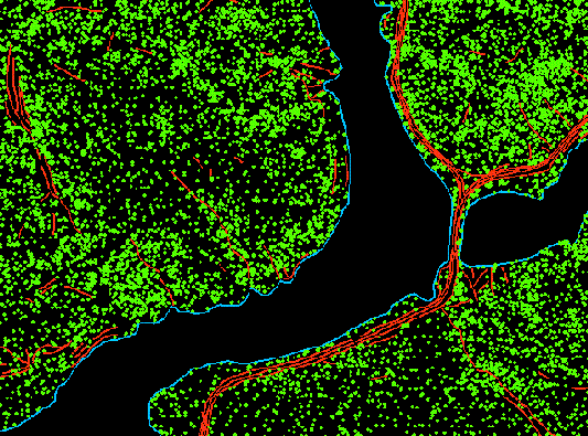 The green points represent the contents of a multipoint feature class of LiDAR obeservations.